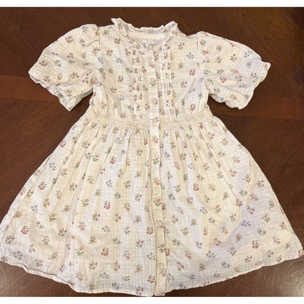 Janie And Jack Shirt Dress Girls Cream Floral Puff Sleeve Lace Ruffle Neck Sz 4